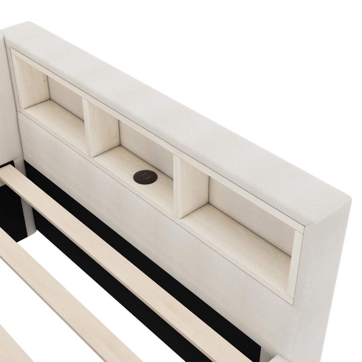 TAGEBETT 90x200cm Beige Leinen Ablagefach 2 Schubladen USB-C LED-Licht - Beige, Holz (90/200cm) - FLIEKS