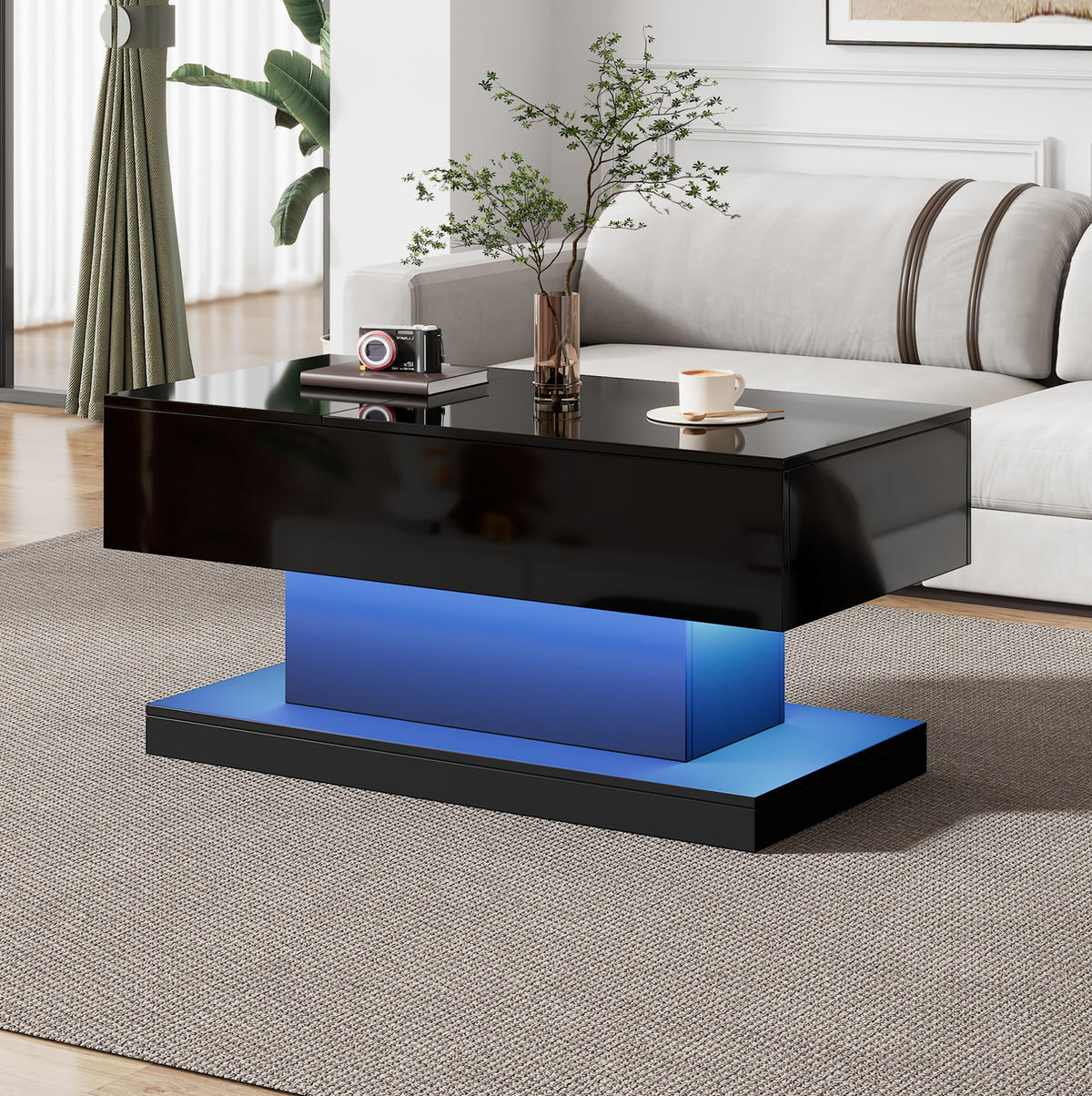 COUCHTISCH aus Spanplatte 100x50x45 cm Schwarz mit LED-Beleuchtung, hydraulischem Lift und Stauraum - Schwarz, Holzwerkstoff (100/50/45cm) - IVMEU