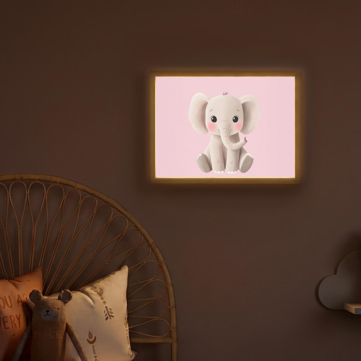 DOBÍJECÍ NOČNÍ LAMPIČKA Slon - Dítě - Růžová - Kreslený film 40x30 cm - růžová, kompozitní dřevo (8/40/30cm) - OnlyWow