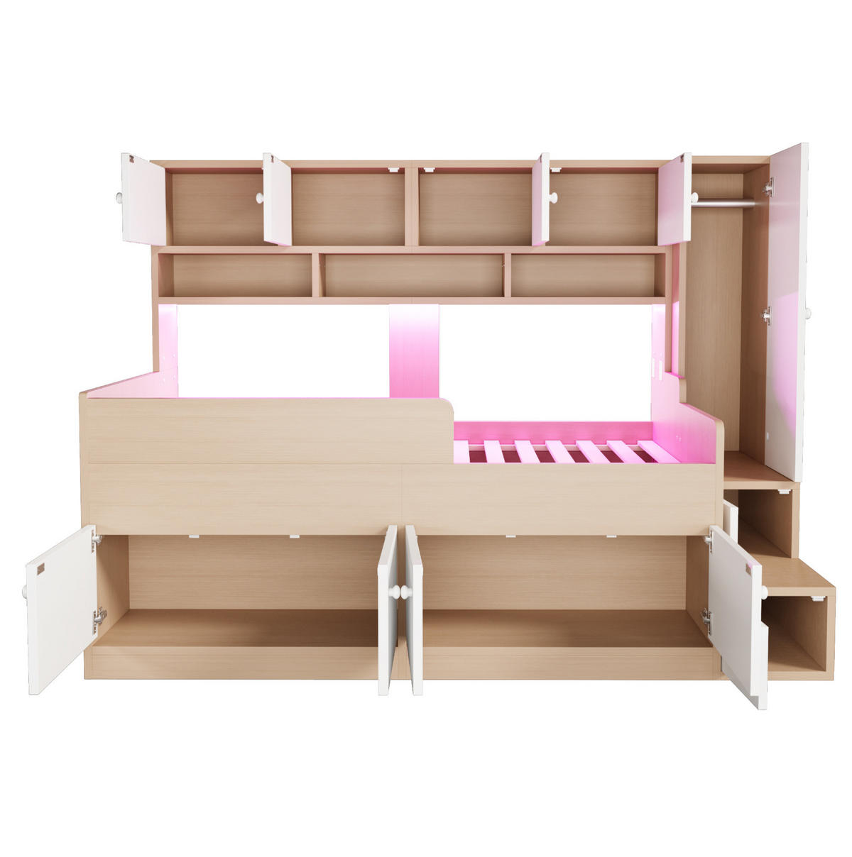 HOCHBETT 90/200 cm aus MDF mit Stauraum, Kleiderschrank, LED-Beleuchtung und Sicherheitsgeländer, farbe - Eichefarben, Holzwerkstoff (90/200cm) - Redom