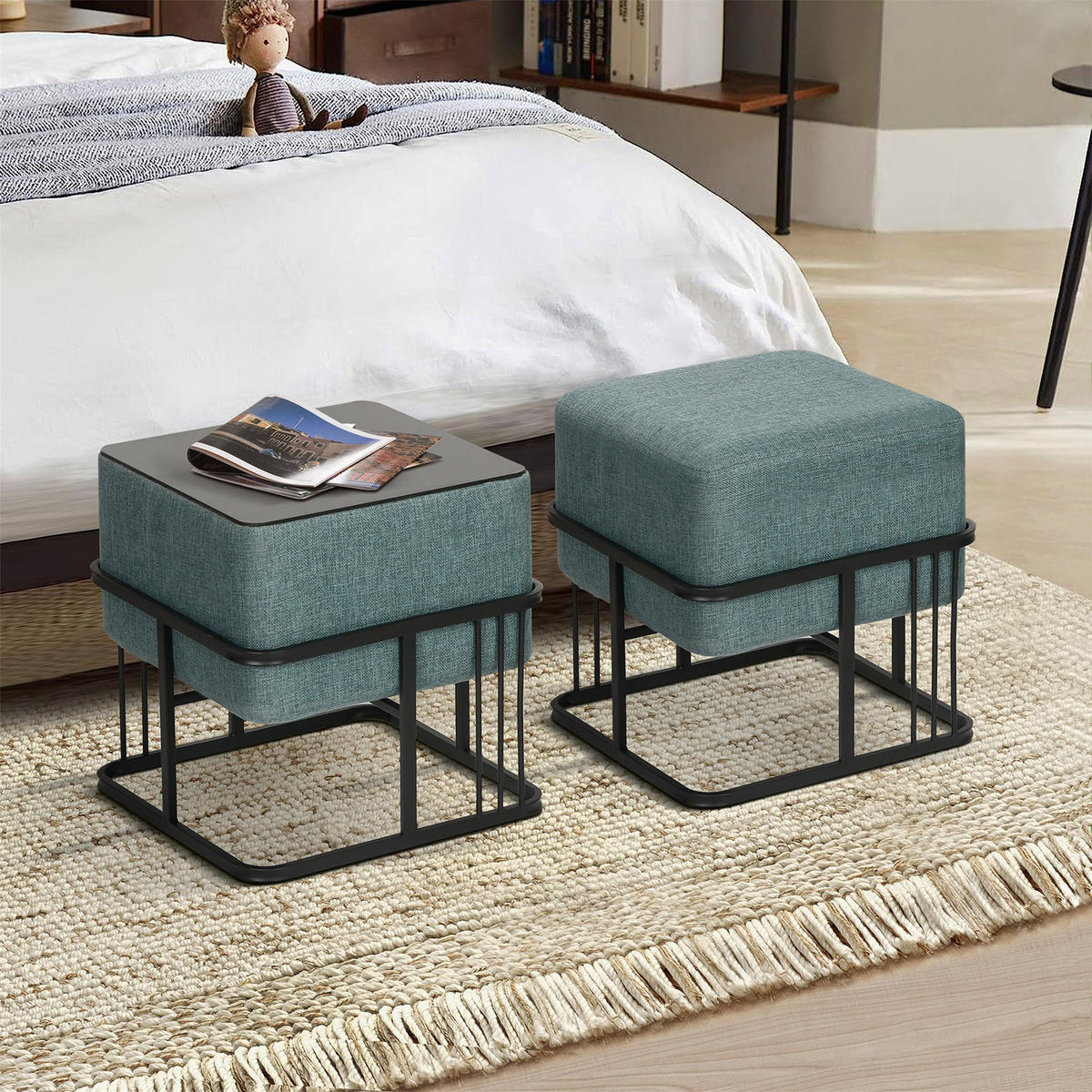 SADA STOLIČEK 2 KS Tas - černá/zelená barva, kov/kompozitní dřevo (38/38/38cm) - [en.casa]