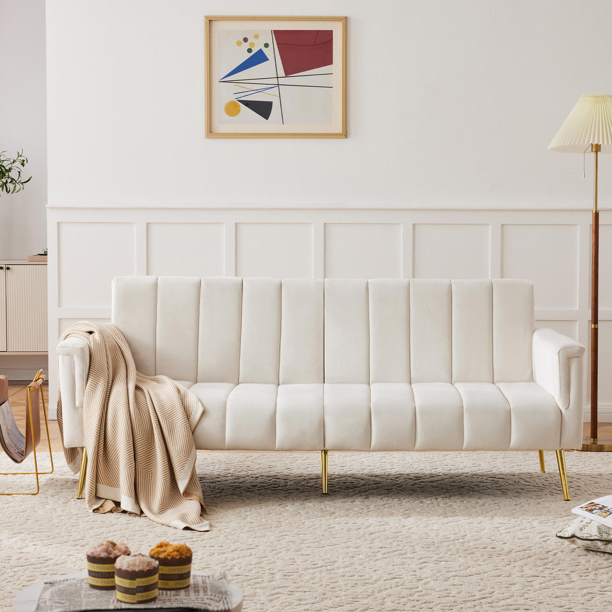 SCHLAFSOFA, Samt mit verstellbarer Rückenlehne & Armlehnen, 183/76/75 cm, Beige - Beige, Textil (76/75/183cm) - Redom