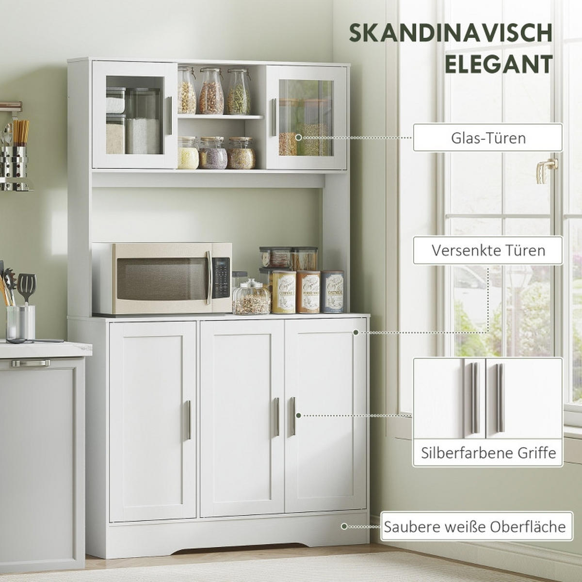 BUFFET DE-38807 108/35/180 cm 4 Schränke und Glastüren Weiß/Silber - Weiß, Holzwerkstoff (108/180/35cm) - ComfortXL