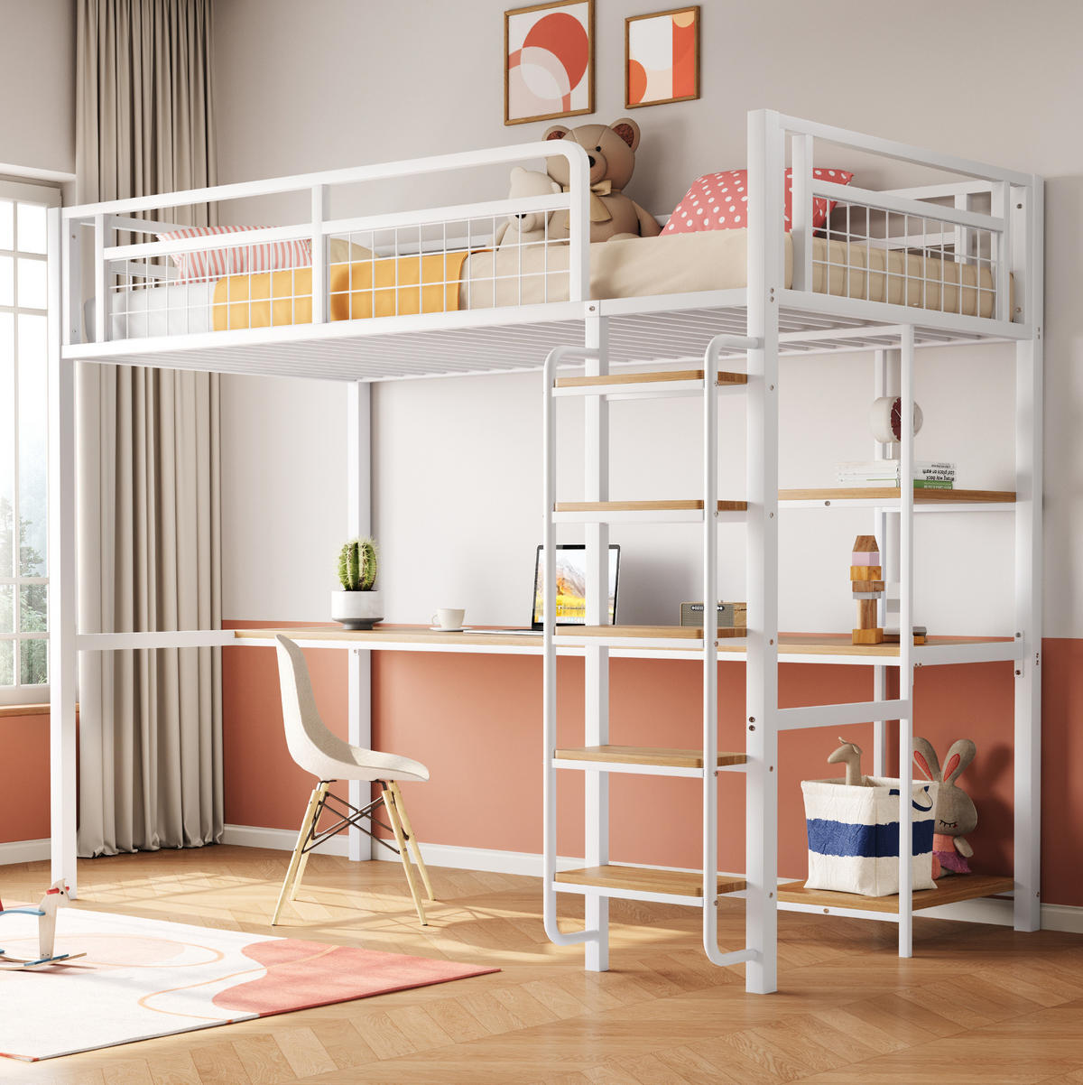 HOCHBETT mit Schreibtisch 90/200 cm in Weiß – mit Regalen, Leiter und Rausfallschutz - Weiß, Metall (90/200cm) - BEAOK
