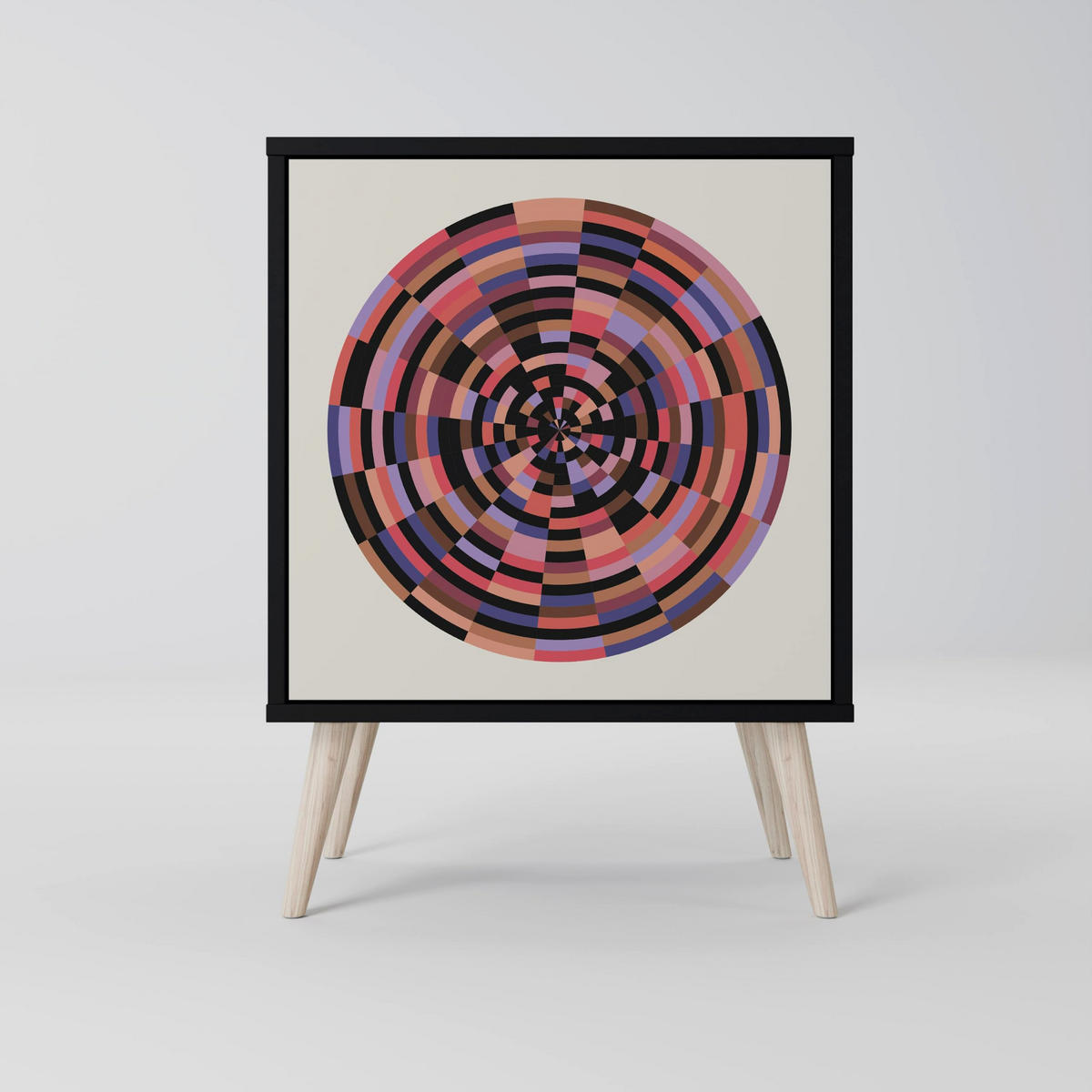 SIDEBOARD BROWN CIRCLES, Schwarz, 57,5x42x72,5 cm, Schwarze Metallfüße - Multicolor/Schwarz, Holzwerkstoff/Metall (57.5/72.5/42cm) - SpaceRebels