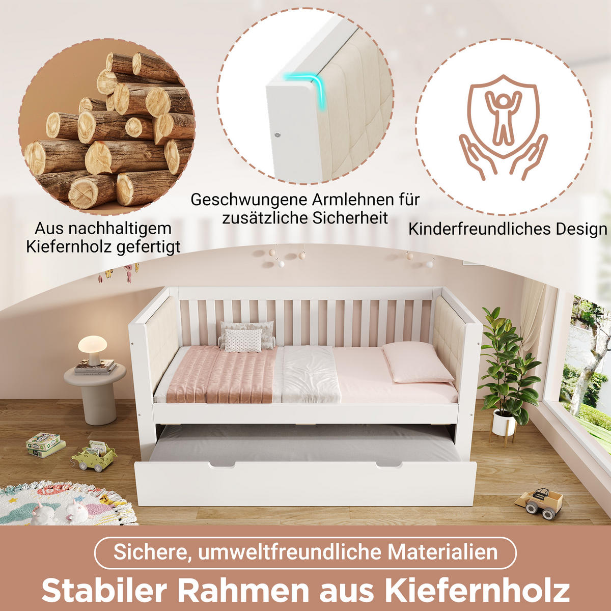 POLSTERBETT 90/200 cm mit Ausziehbett 90/190 cm, Lattenrost und gepolsterter Rückenlehne, Weiß - Weiß, Textil (90/200cm) - Redom