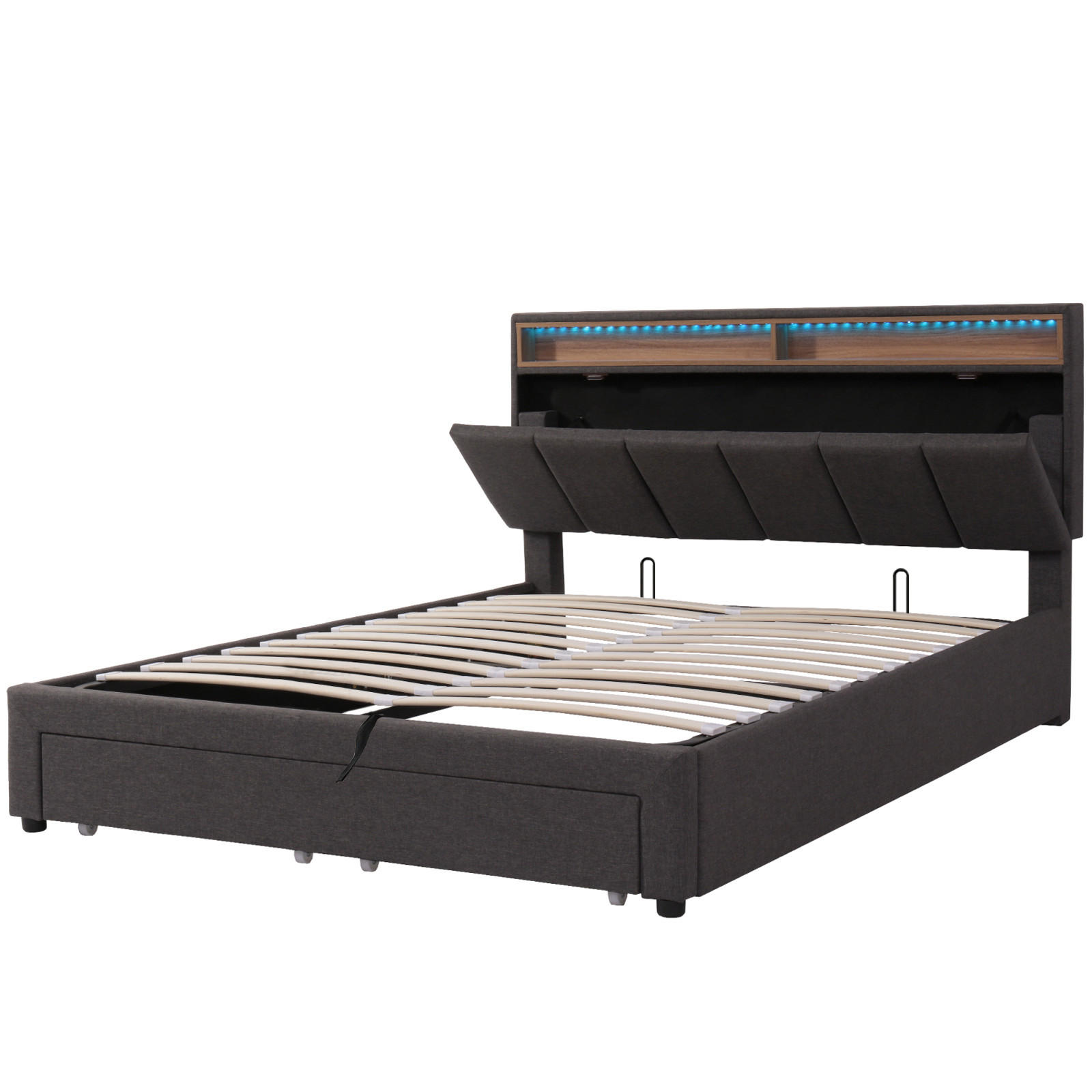 POLSTERBETT 160x200 cm mit Bettkasten, LED, Lattenrost, Grau - Grau, Holz (160/200cm)
