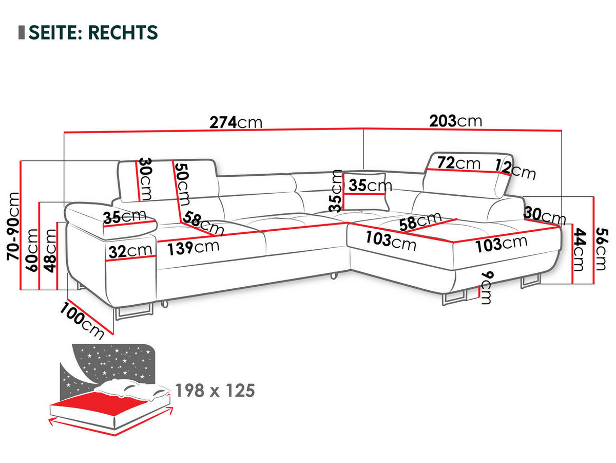ECKSOFA Torezio, Seite: Rechts - Dunkelorange, Holz/Textil (274/203cm) - MIRJAN24