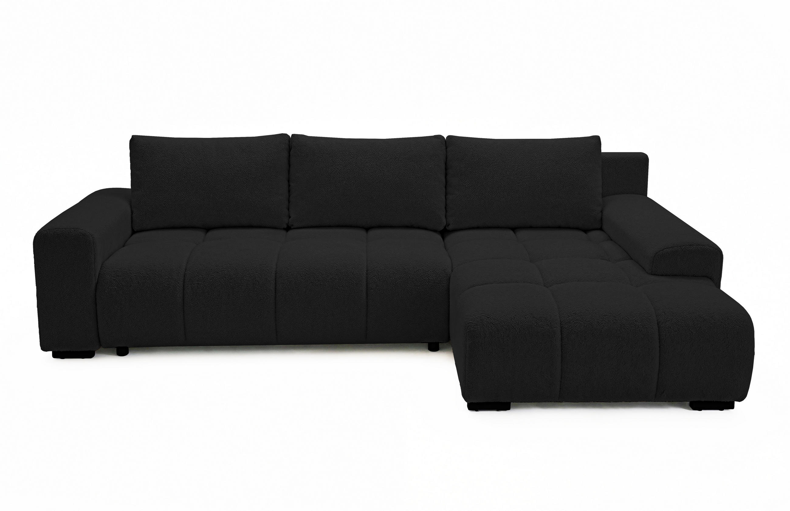 ECKSOFA Ovia mit Bettkasten und Schlaffunktion, Bouclé-Stoff in L-Form - Schwarz, Textil (270/185cm)