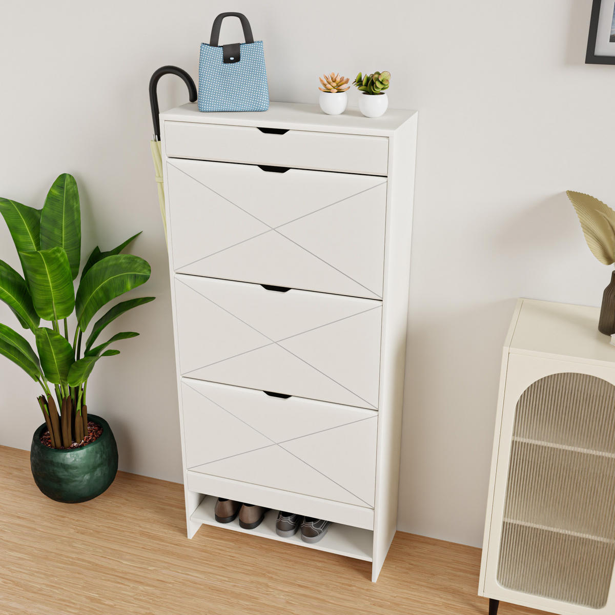 SCHUHSCHRANK mit Klappen und Schublade in Weiß – platzsparend für den Flur - Weiß, Holzwerkstoff (63/136.5/26cm) - BEAOK