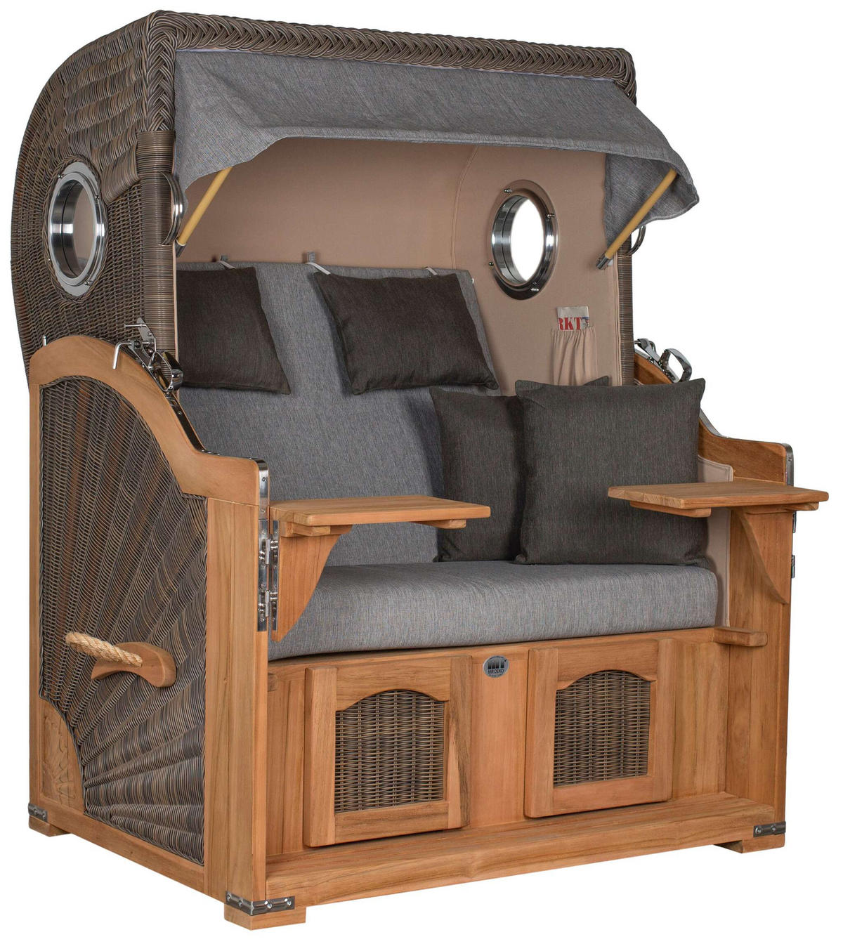 STRANDKORB Düne 2 Sitzer Teak PE Grey - Braun/Grau, Holz/Metall (125/170/80cm) - Mr. Deko