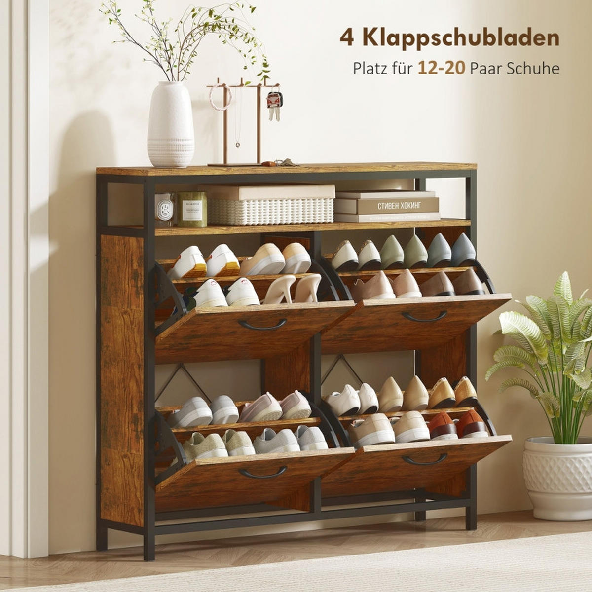 SCHUHKIPPER DE-38030 98/24/95 cm mit 4 Klappfächern Braun - Braun, Holzwerkstoff (98/95/24cm) - ComfortXL