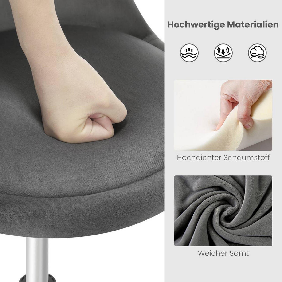 BARHOCKER 2er Set Drehhocker, Samt, Dunkelgrau+Gold - Dunkelgrau/Goldfarben, Kunststoff/Textil (38.5/49.5/43cm) - Woltu