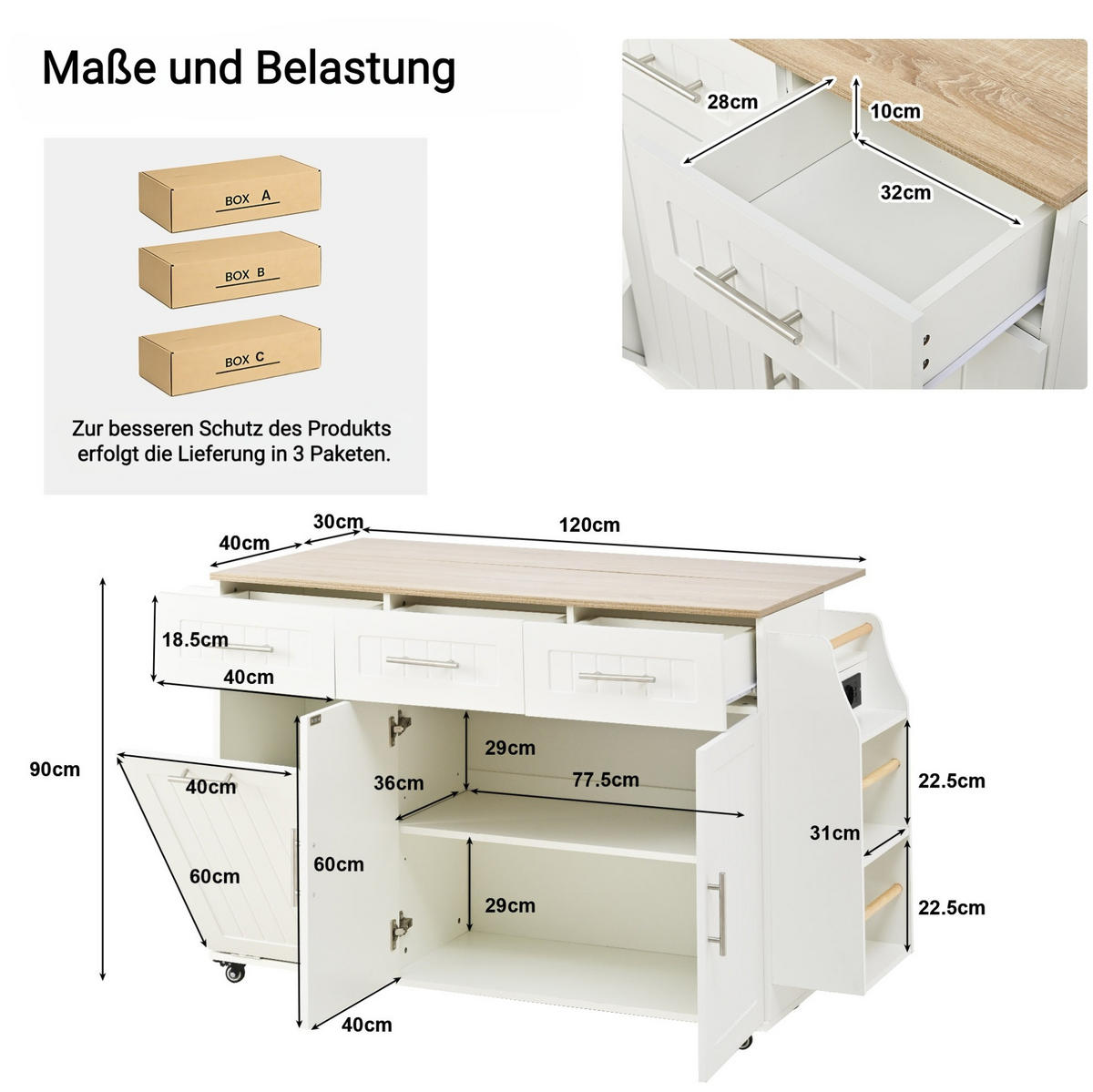 KÜCHENINSEL 120/40(70)/90 cm mit Auszugsplatte, Steckdosen, Abfallfach und Rollen, MDF, Weiß - Weiß, Holzwerkstoff (120/90/70cm) - Redom