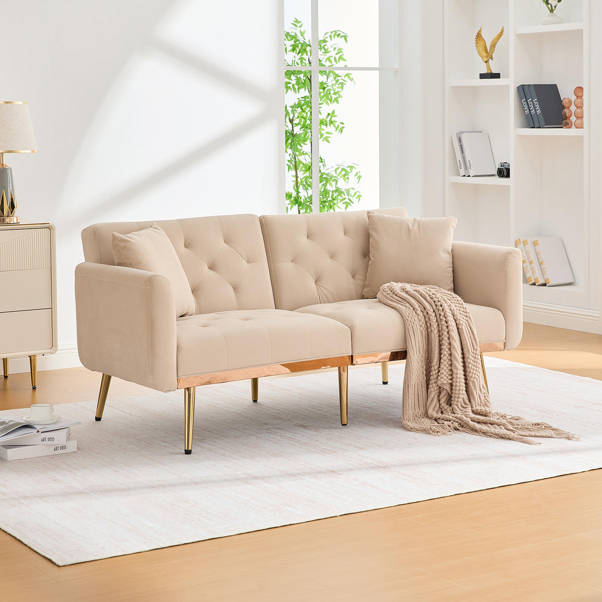SCHLAFSOFA Samt mit verstellbarer Rückenlehne Beige 165/72,5/75 cm - Beige, Textil (72.5/75/165cm)