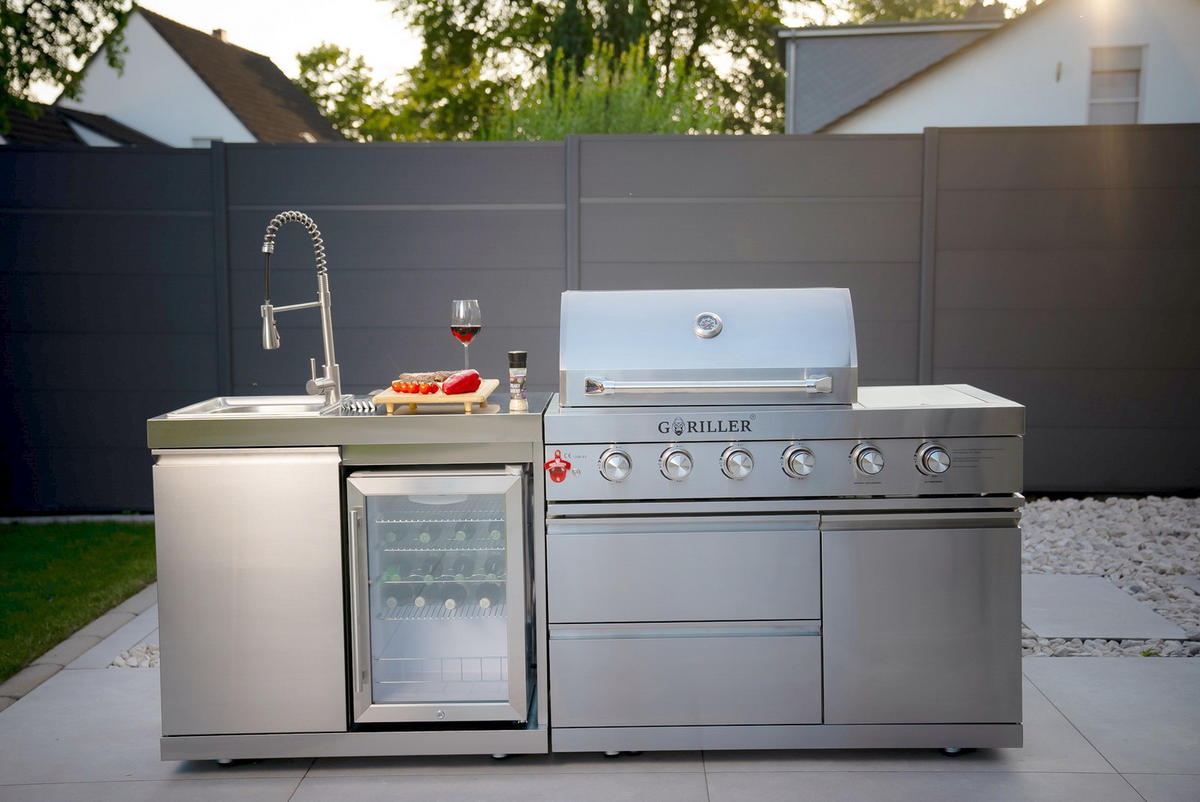 GORILLER® SILVERBACK S1 Outdoor-Küche, Gasgrill mit Kühlschrank-Waschbecken-Kombination, Edelstahl, Silber - Schwarz Hochglanz, Metall (217/90/58cm) - Goriller
