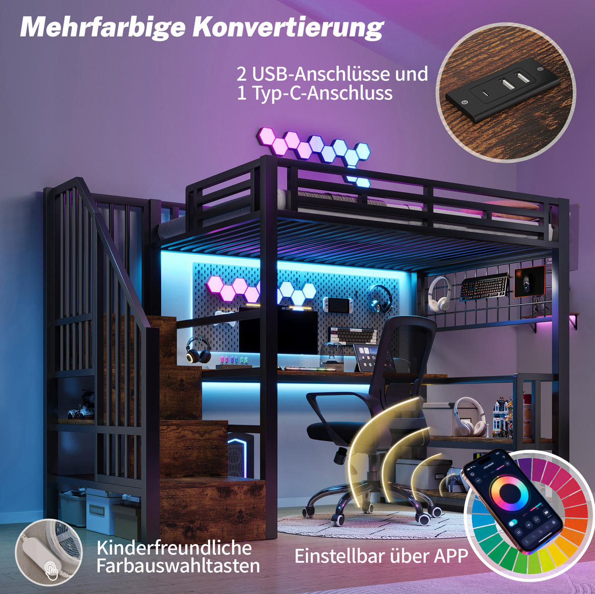 HOCHBETT 90/200 cm, Schwarz mit Schreibtisch, LED-Lichtleiste - Schwarz, Metall (90/200cm) - MIVRAY