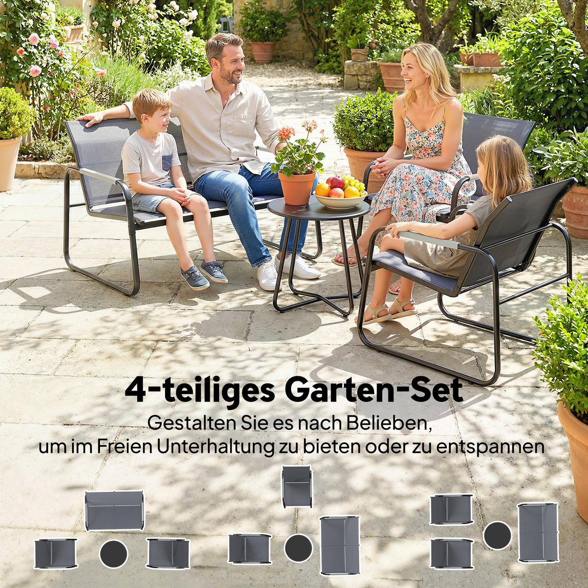 GARTENSET 4-teilig Grau 111.0/71.0/75.0 cm - Grau, Metall