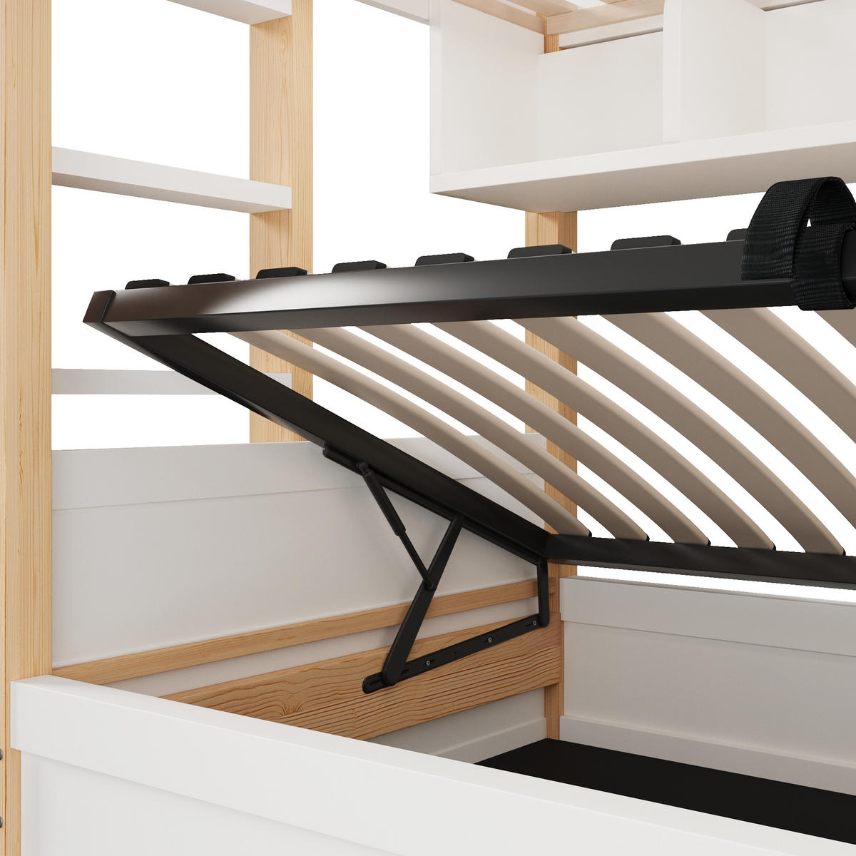 ETAGENBETT 90/200 cm Hausdesign mit Hydraulik-Stauraum und LED, DE-41987, in Weiß - Weiß, Holzwerkstoff (90/200cm) - ComfortXL