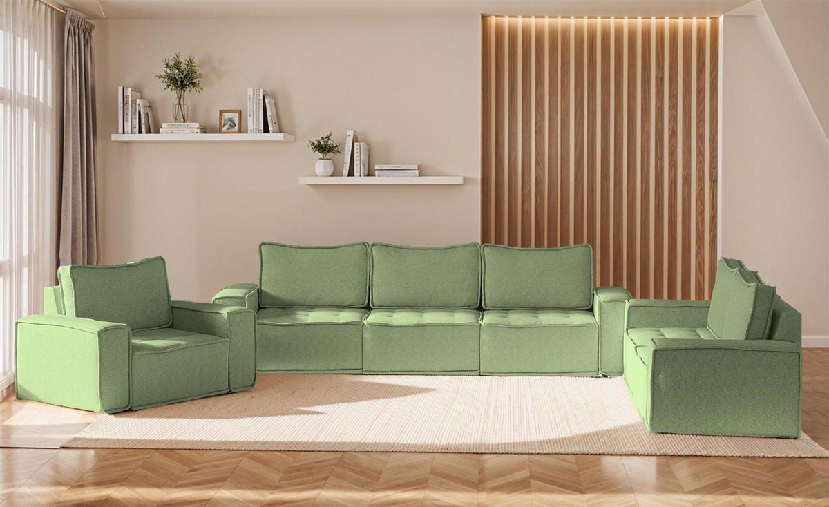 SOFASET Sande 3-2-1 Stoff Alpine - Hellgrün, Holzwerkstoff/Textil (292/85/90cm) - Fun Möbel