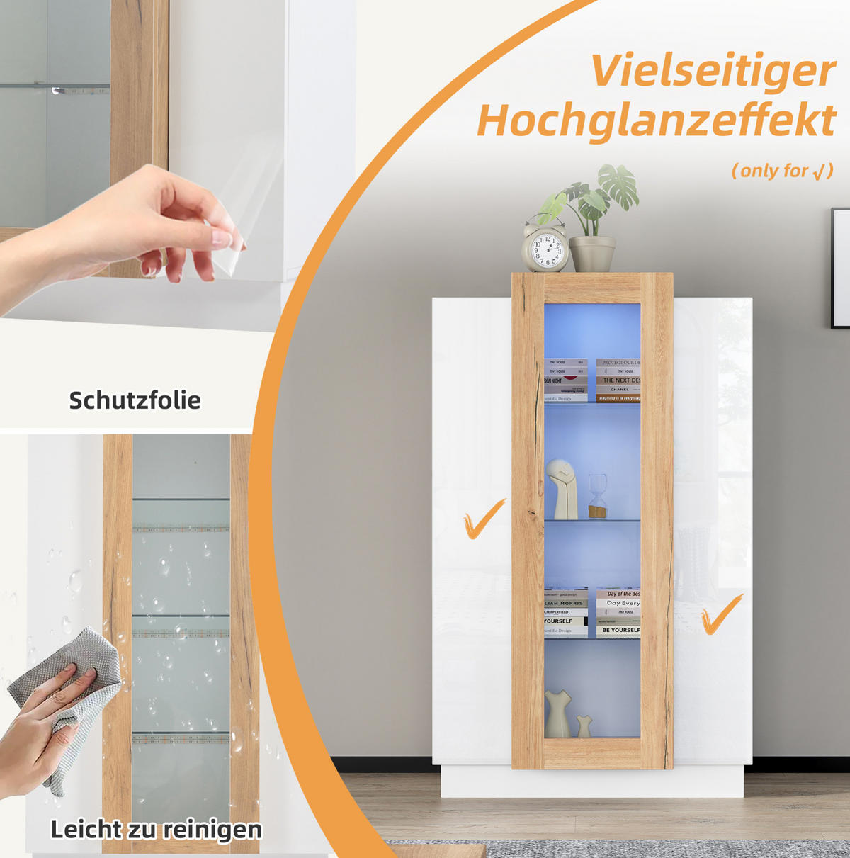 WOHNZIMMERVITRINE aus Spanplatte 74x40x120 cm Weiß/Natur mit LED-Beleuchtung, 3 Türen und Acrylfront - Weiß, Holzwerkstoff (74/120/40cm) - Modfu