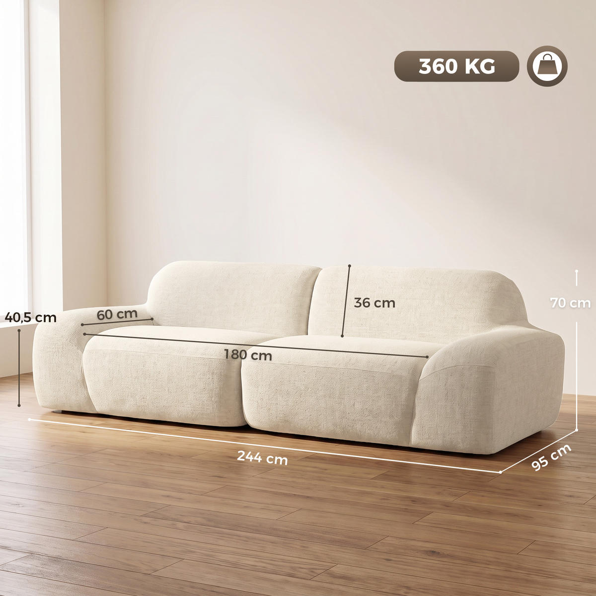 2-SITZER Sofa Creme 244.0/95.0/70.0 cm - Creme, Textil (95/70/244cm)
