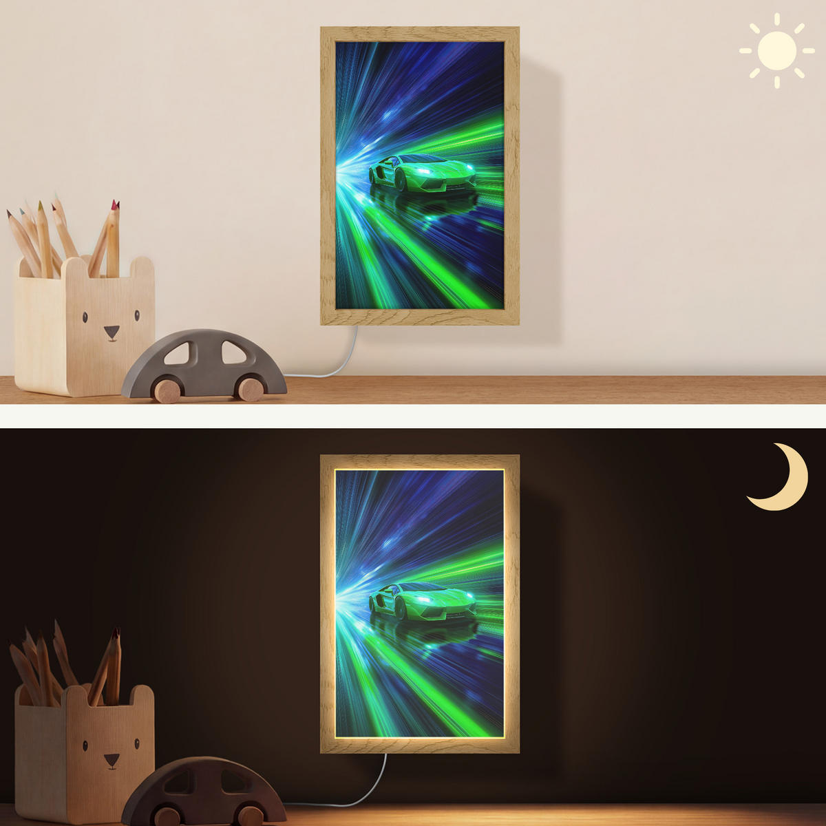 NÁSTĚNNÁ LAMPA Rychlost - Lehké - Sportovní vůz - Zelená 20x30 cm - zelená barva, kompozitní dřevo (20/30/8cm) - OnlyWow