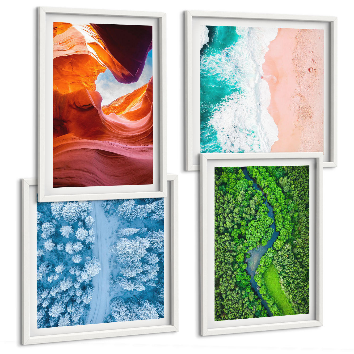 BILDER SET 4er Set - 50x50 cm & 40x60 cm Weißer Rahmen - Grün der Wasserschlucht im Winter - Weiß, Kunststoff (50/50cm) - TULUP