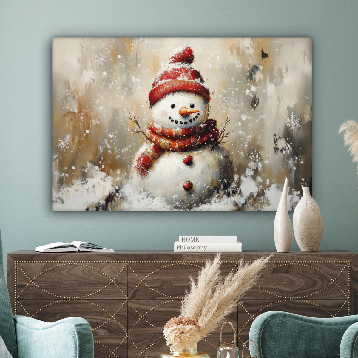 LEINWANDBILD Schneemann - Winter - Schnee - Beige Wohnzimmer Groß 120x80 cm - Weiß, Textil (120/80cm) - MuchoWow