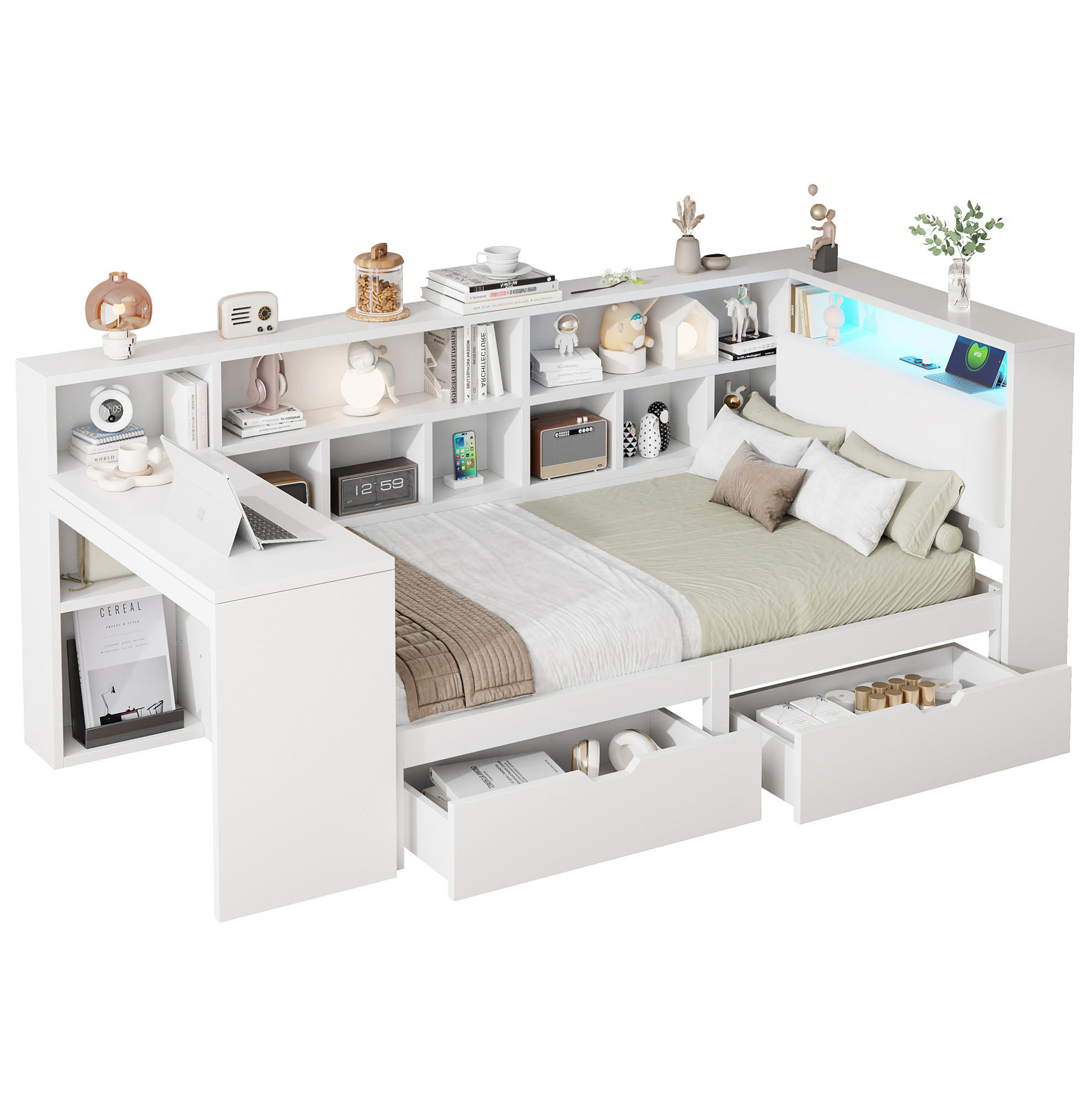 BETT 90/200 cm in Weiß mit Schreibtisch, Regal und LED-Beleuchtung - Weiß, Holzwerkstoff (90/200cm) - Flora Grace