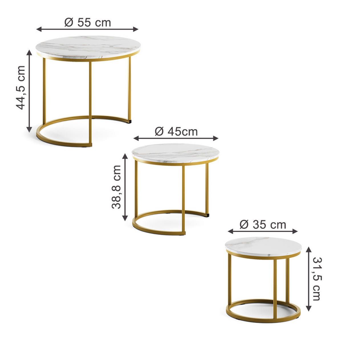 COUCHTISCH-SET Montreal Weiß/Gold 55 x 55 cm 3 Teile - Goldfarben/Weiß, Holzwerkstoff (55/55/44.5cm) - Vicco