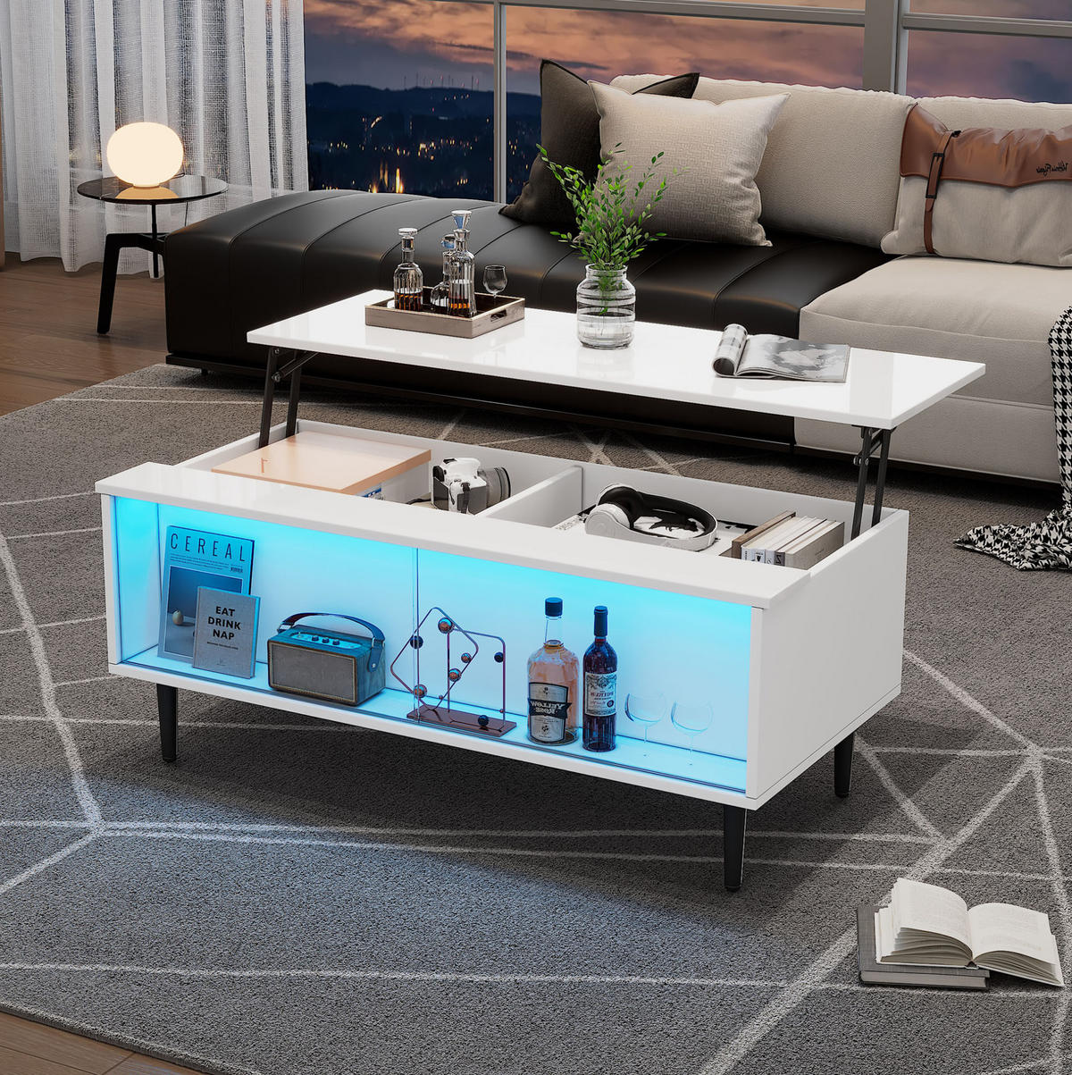 COUCHTISCH 105/50/43 cm höhenverstellbar mit Stauraum und LED-Beleuchtung in Weiß - Weiß, Holzwerkstoff (105/50/43cm) - Flora Grace