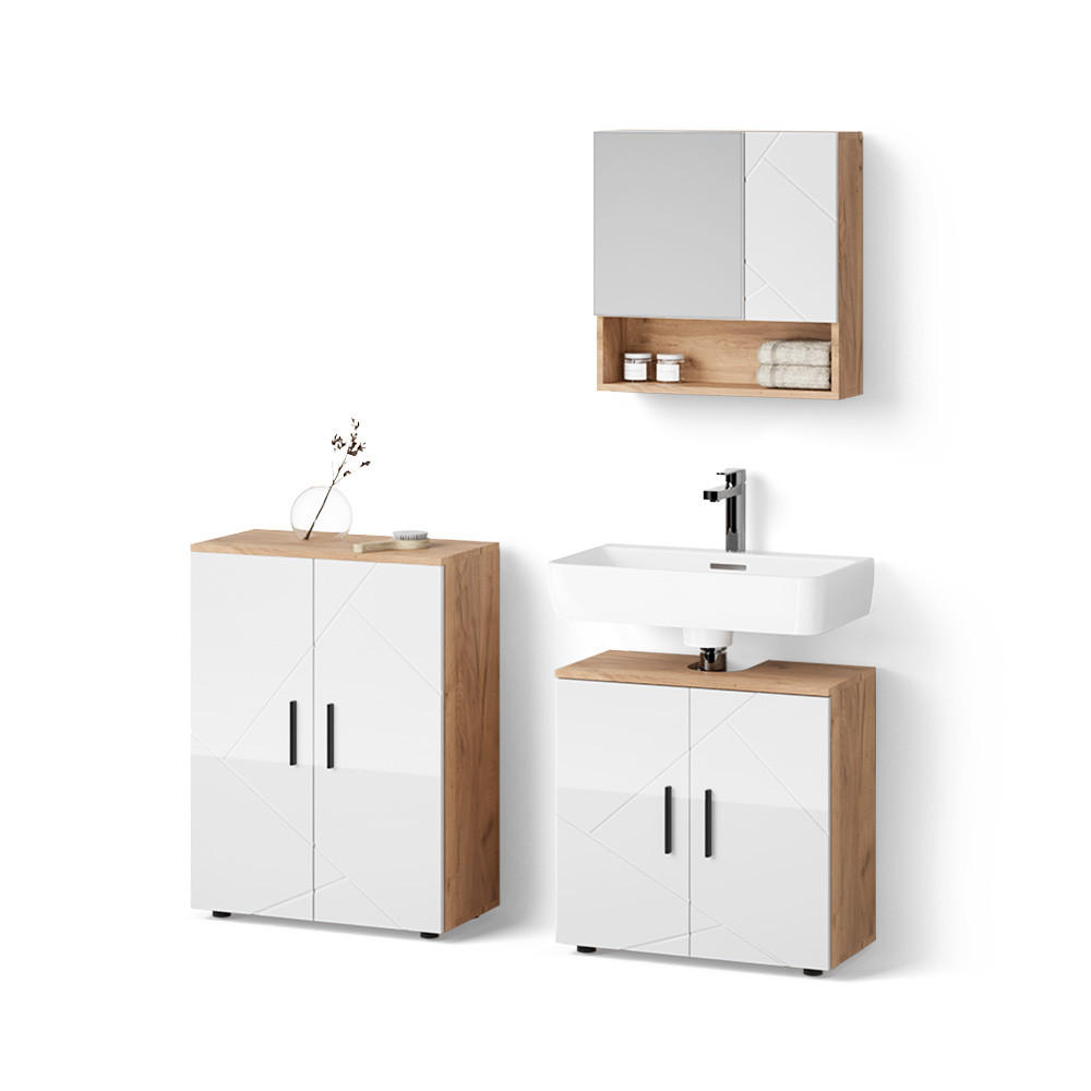 Livinity® KOUPELNOVÝ NÁBYTEK Ronco, Bílá vysoký lesk/Zlatý mocný dub, 3dílná