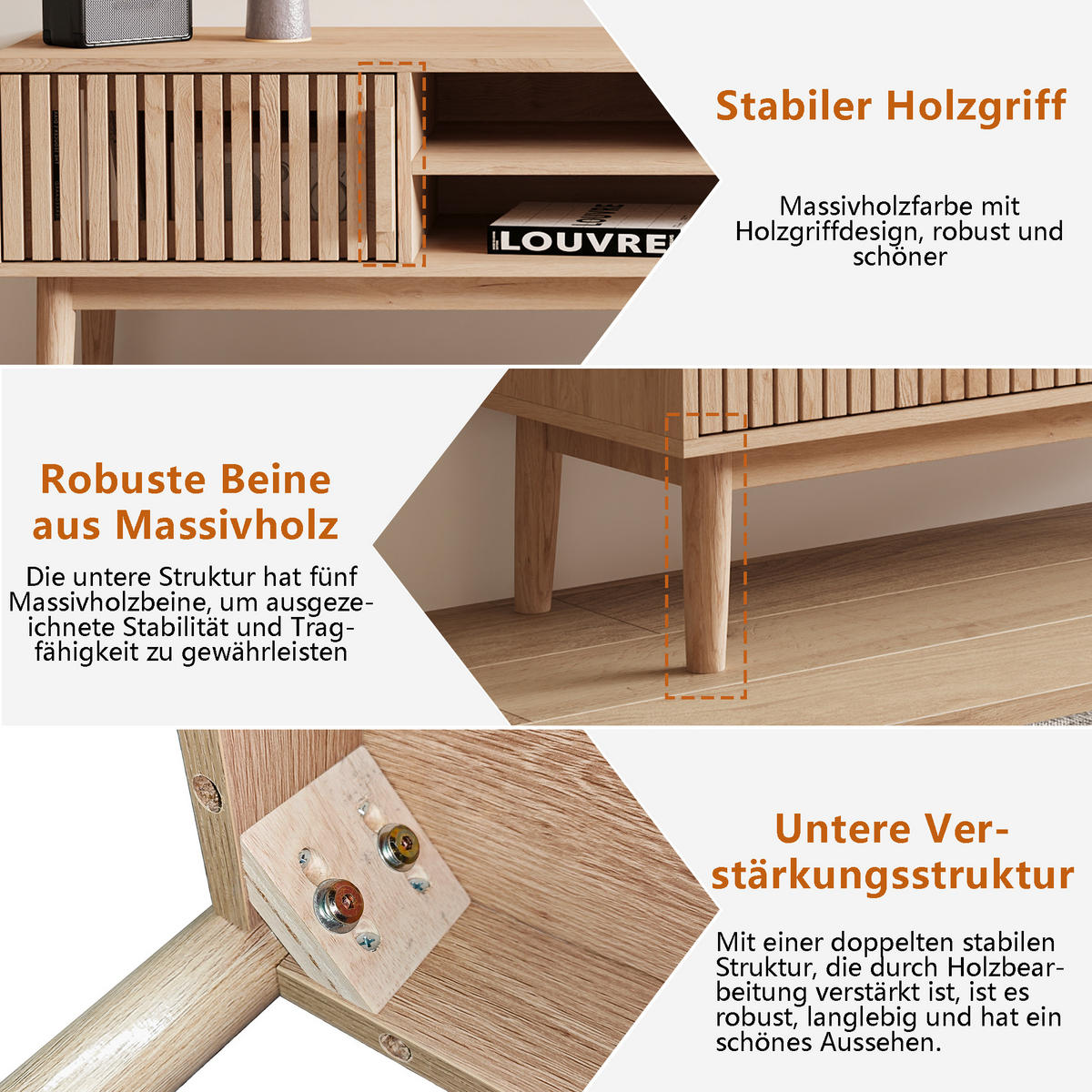 TV LOWBOARD 150x40x48 cm Ablagefächer Holz Art Deco - Naturfarben, Holz (150/48/40cm) - LEBENLANG