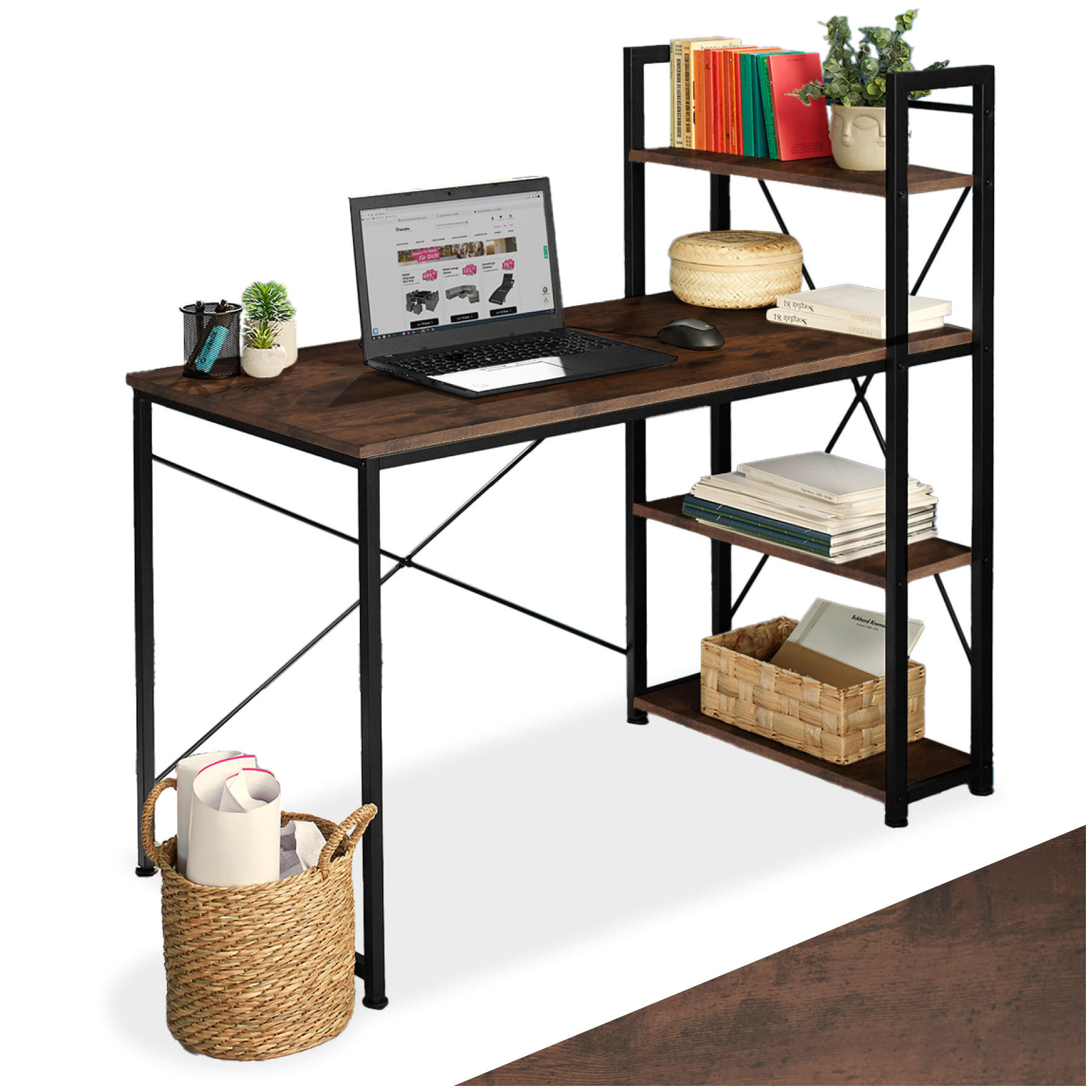 COMPUTERTISCH Hershey,122 x 61 x 120 cm,Industrial Holz dunkel, rustikal - Rostfarben, Holzwerkstoff (122/61/120cm) - tectake