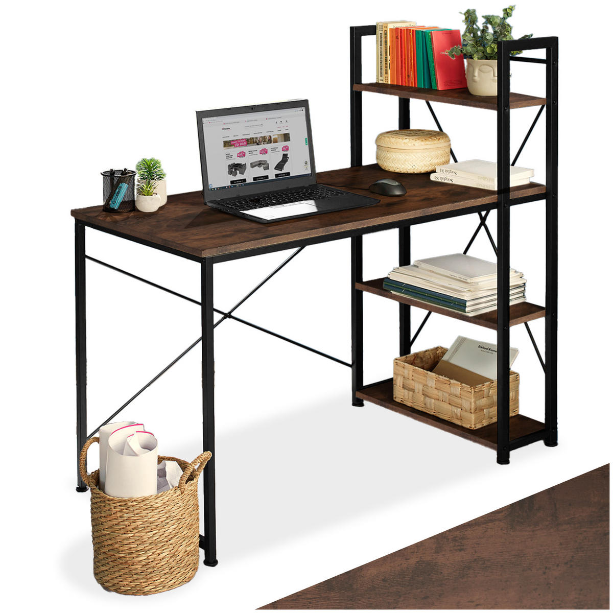 COMPUTERTISCH Hershey,122 x 61 x 120 cm,Industrial Holz dunkel, rustikal - Rostfarben, Holzwerkstoff (122/61/120cm) - tectake