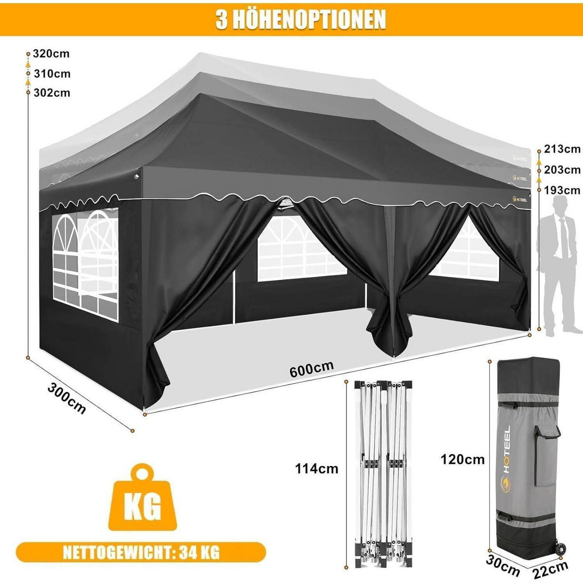 FALTPAVILLON 3x6m schwarz mit 6 Seitenwänden und 4 Sandsäcken - Schwarz, Metall (300/320/600cm)