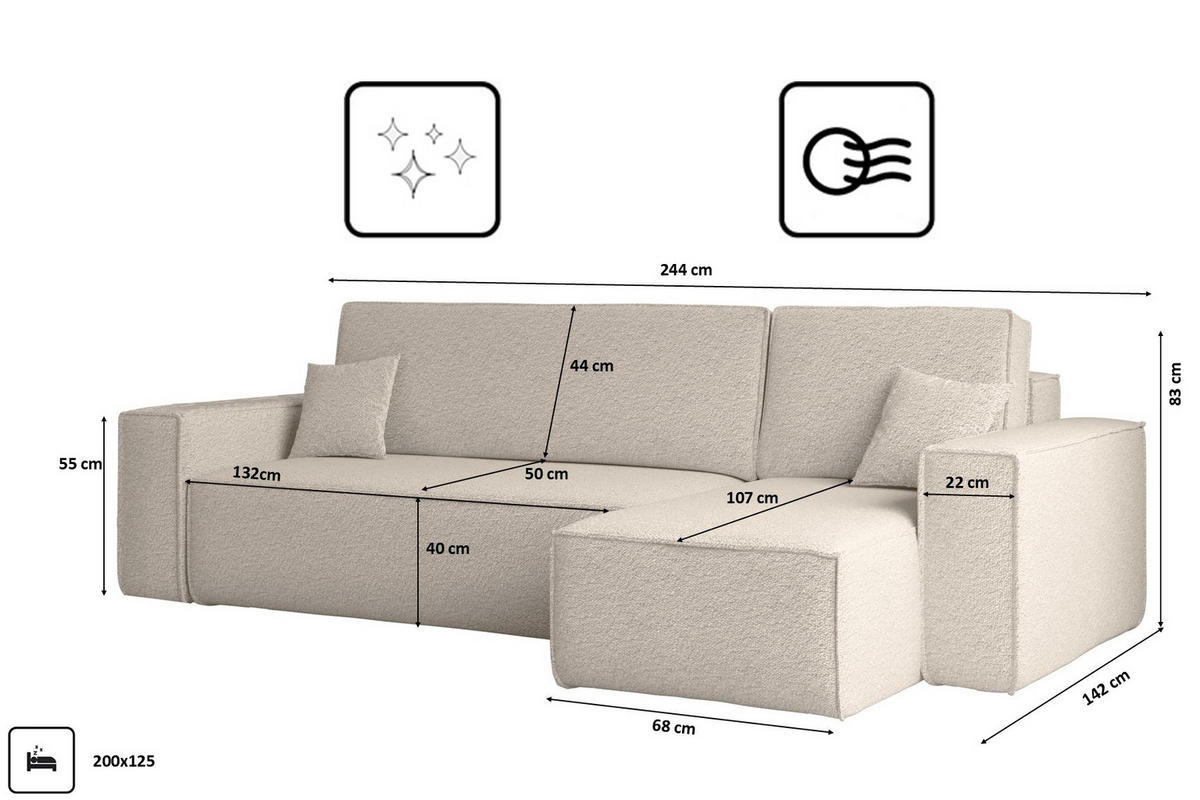 ECKSOFA Mit Schlaffunktion Und Bettkasten L-Form BEST Stoff Abriamo Beige Rechts - Beige, Holz/Textil (244/142cm) - Kaiser Möbel