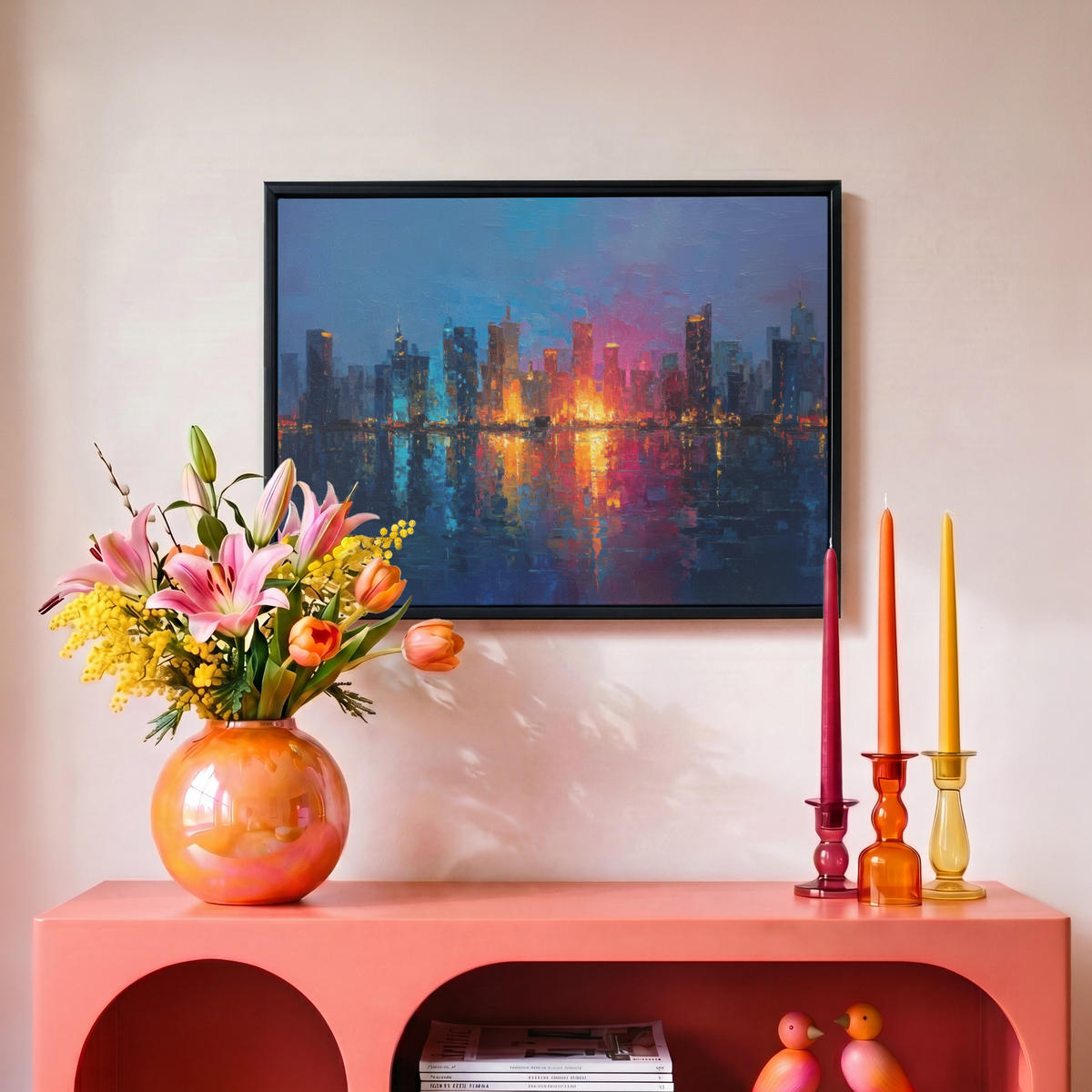 LEINWAND Bilder mit Rahmen - Skyline - Pinselstriche - Dunkelblau - Leuchtend - 40x30 - Blau, Textil (40/30cm) - MuchoWow