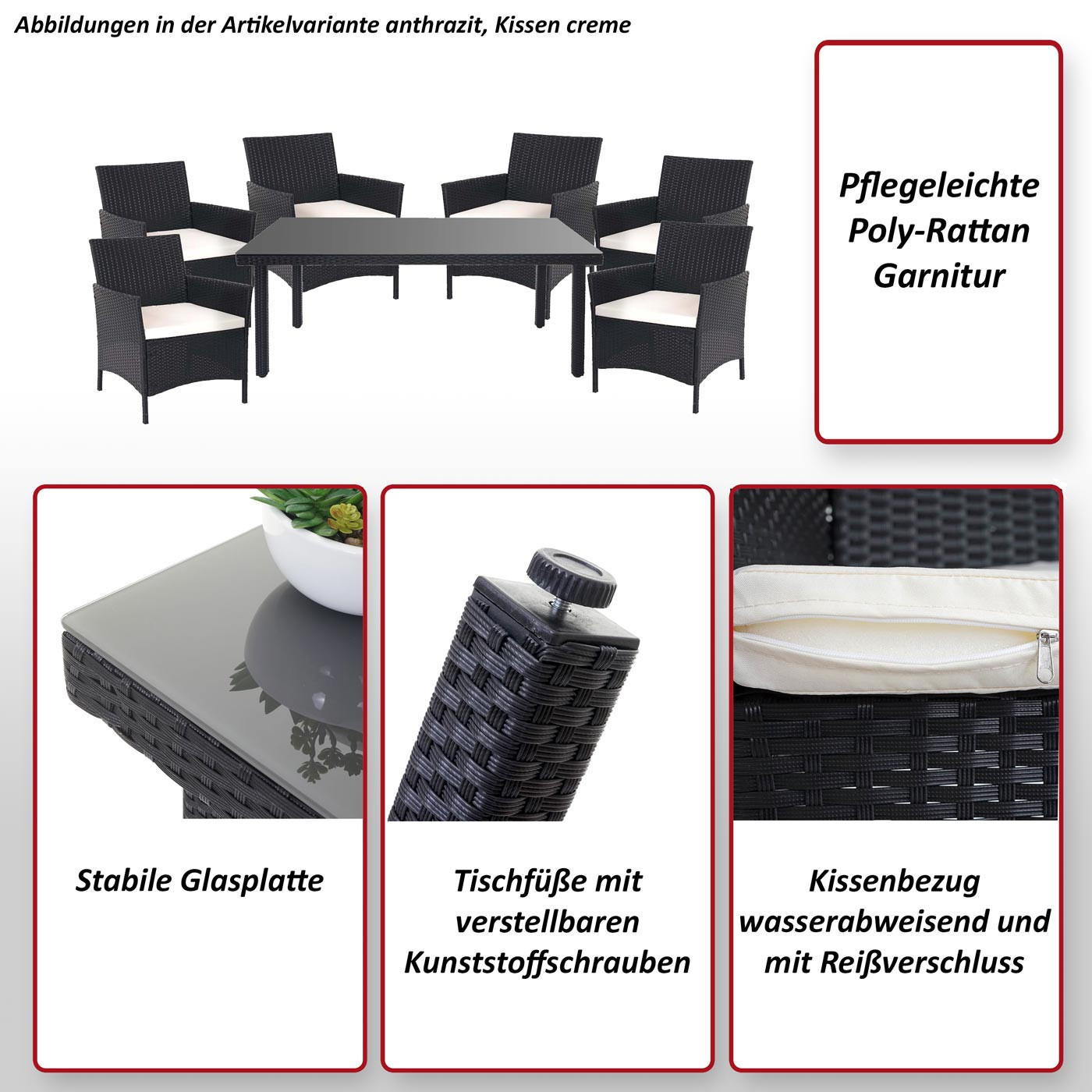 POLY-RATTAN-GARNITUR Grau, Cremeweiß - Weiß/Grau, Kunststoff - MCW
