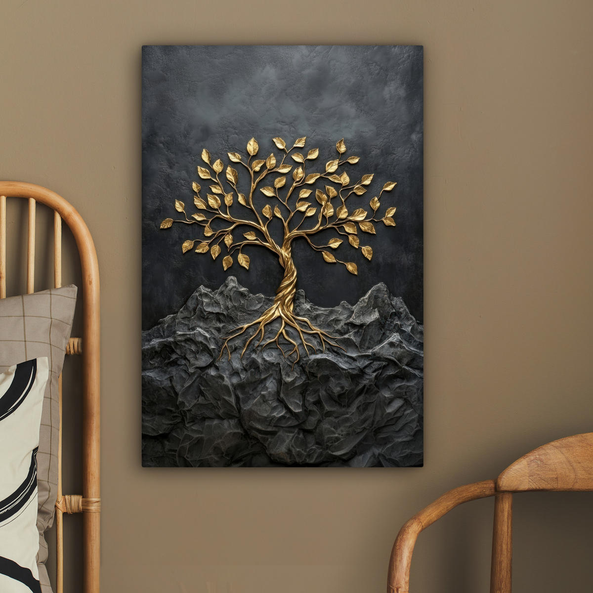 LEINWANDBILD Blätter - Gold - Baum - Fels Wanddeko 40x60 cm - Schwarz, Textil (40/60cm) - MuchoWow