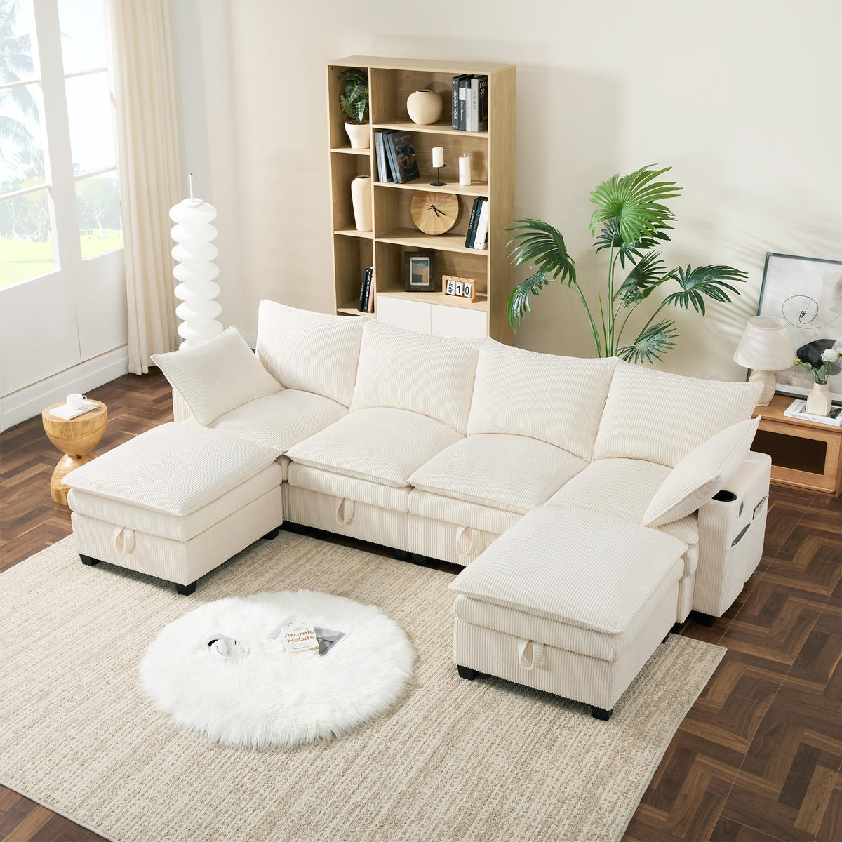 WOHNLANDSCHAFT Cord Beige mit USB, Stauraum und Getränkehaltern - Beige, Holzwerkstoff/Kunststoff (280/83/150cm) - WISHDOR