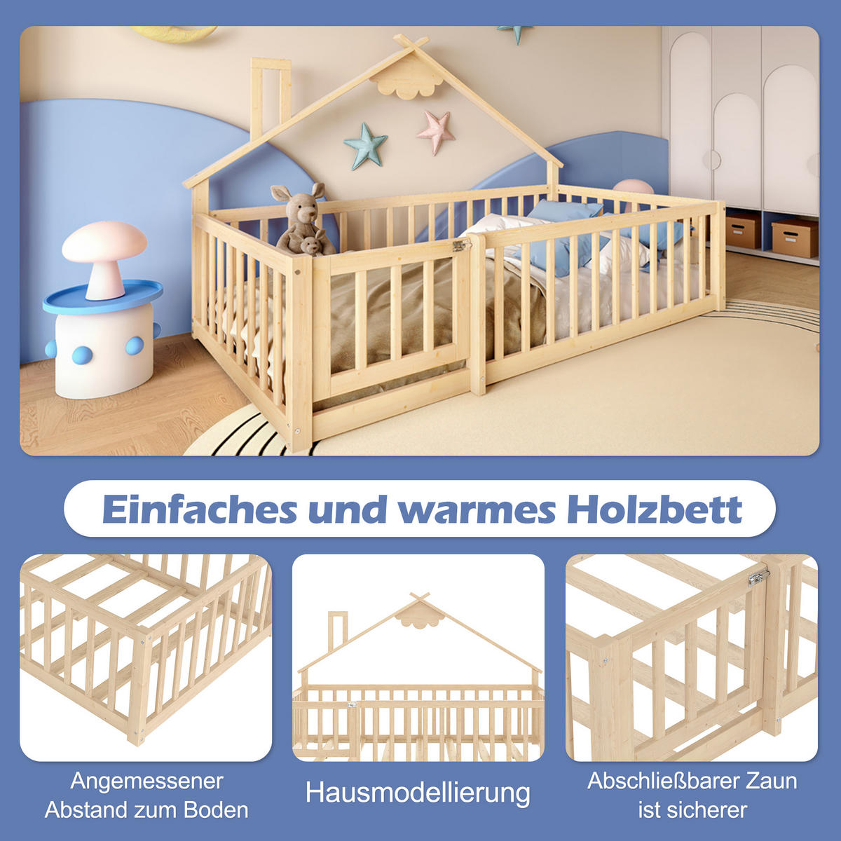 FLACHBETT 90x190cm Natur Kiefer Kinderbett Hausleiste Geländer - Naturfarben, Holz (90/190cm) - FLIEKS