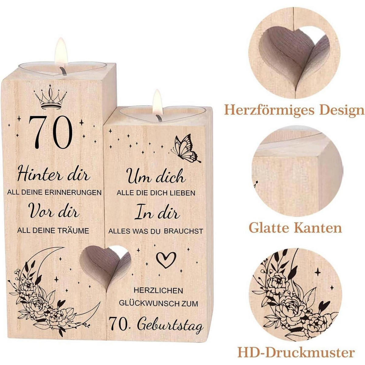 KERZENSTÄNDER 70. Geburtstag Holz 12 x 10 cm - Braun, Holz (5/13/10cm)
