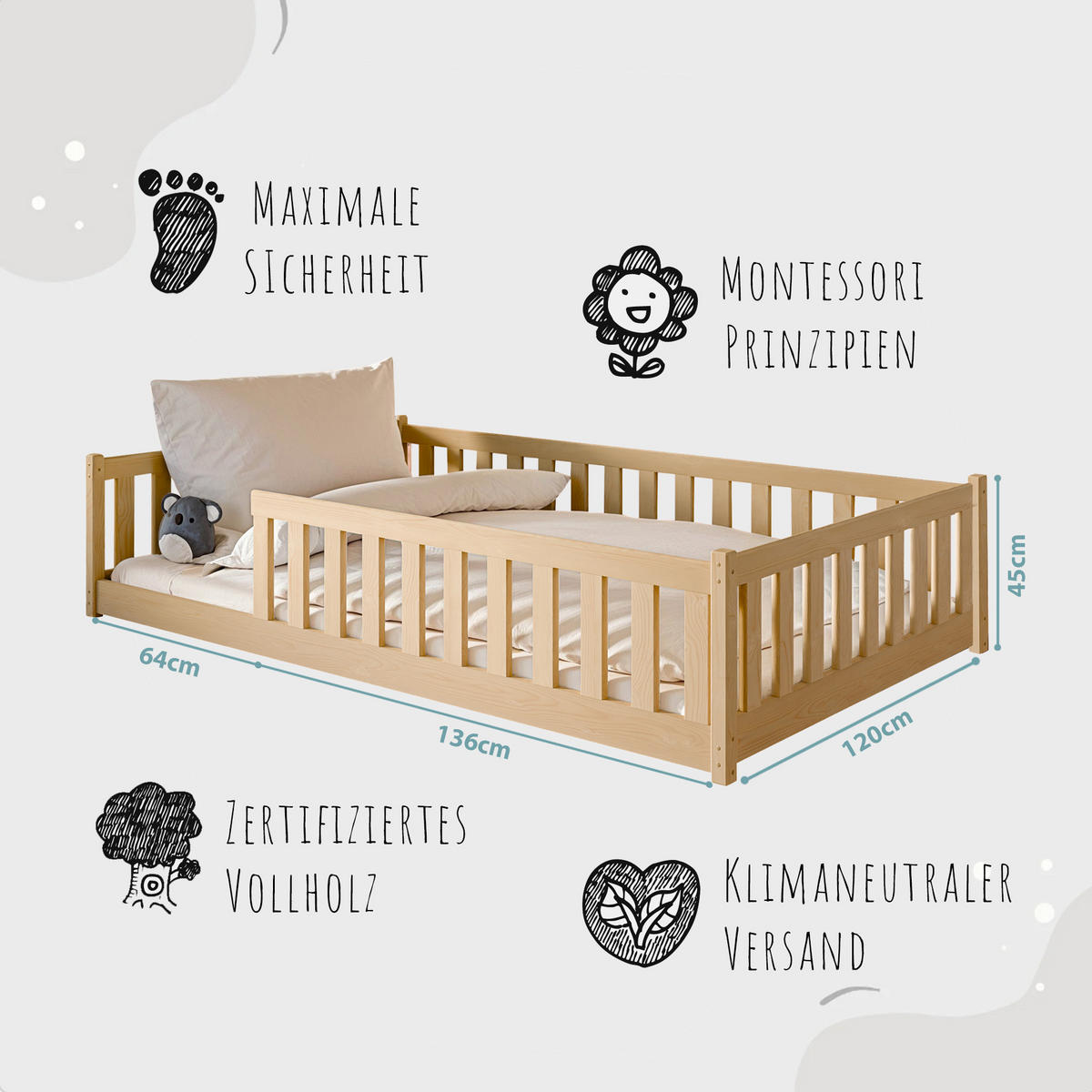 BODENBETT 120x200 cm mit Matratze in natur - Naturfarben, Holz (120/200cm) - Kids Collective