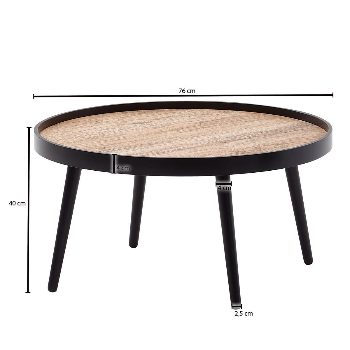 COUCHTISCH in Holzoptik, Rund mit Erhöhtem Rand und Ablagefläche - Schwarz, Holz (76/76/40cm) - KADIMA DESIGN