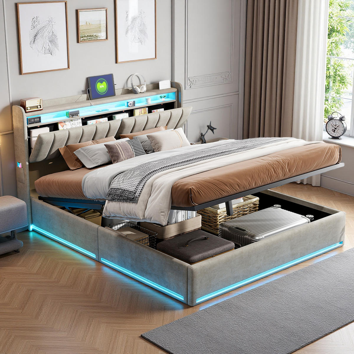 POLSTERBETT 160x200 cm LED USB Stauraum Lattenrost Samt grau - Grau, Holz (160/200cm) - LEBENLANG