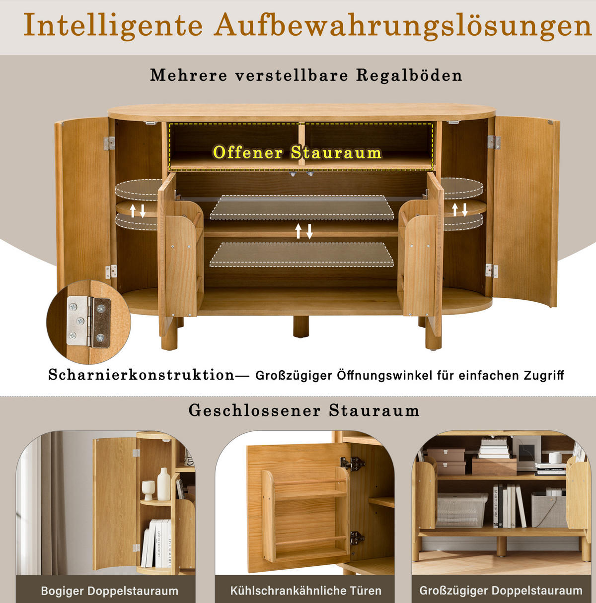KOMODA 120/38/77 cm prirodna od MDF-a s podesivim policama i zaobljenim pretincem - prirodne boje, drvni materijal (120/77/38cm) - OKWISH