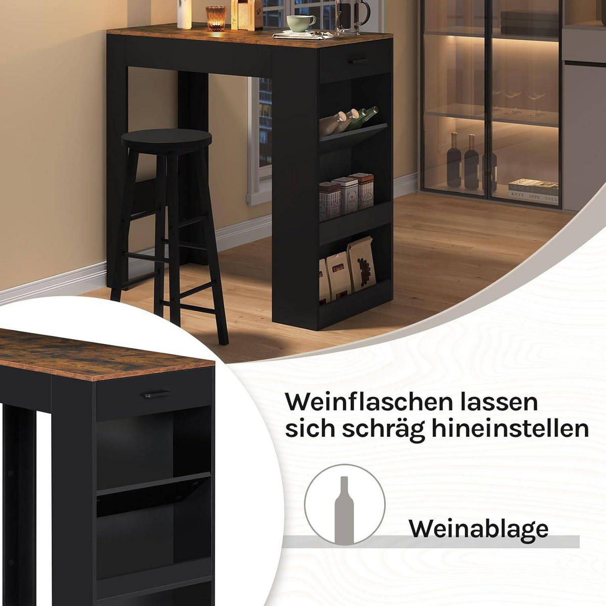 BARTISCH, Küchentisch mit Weinregal,100 x 50 x 100 cm - Dunkelbraun/Schwarz, Holzwerkstoff (50/100/100cm) - Woltu