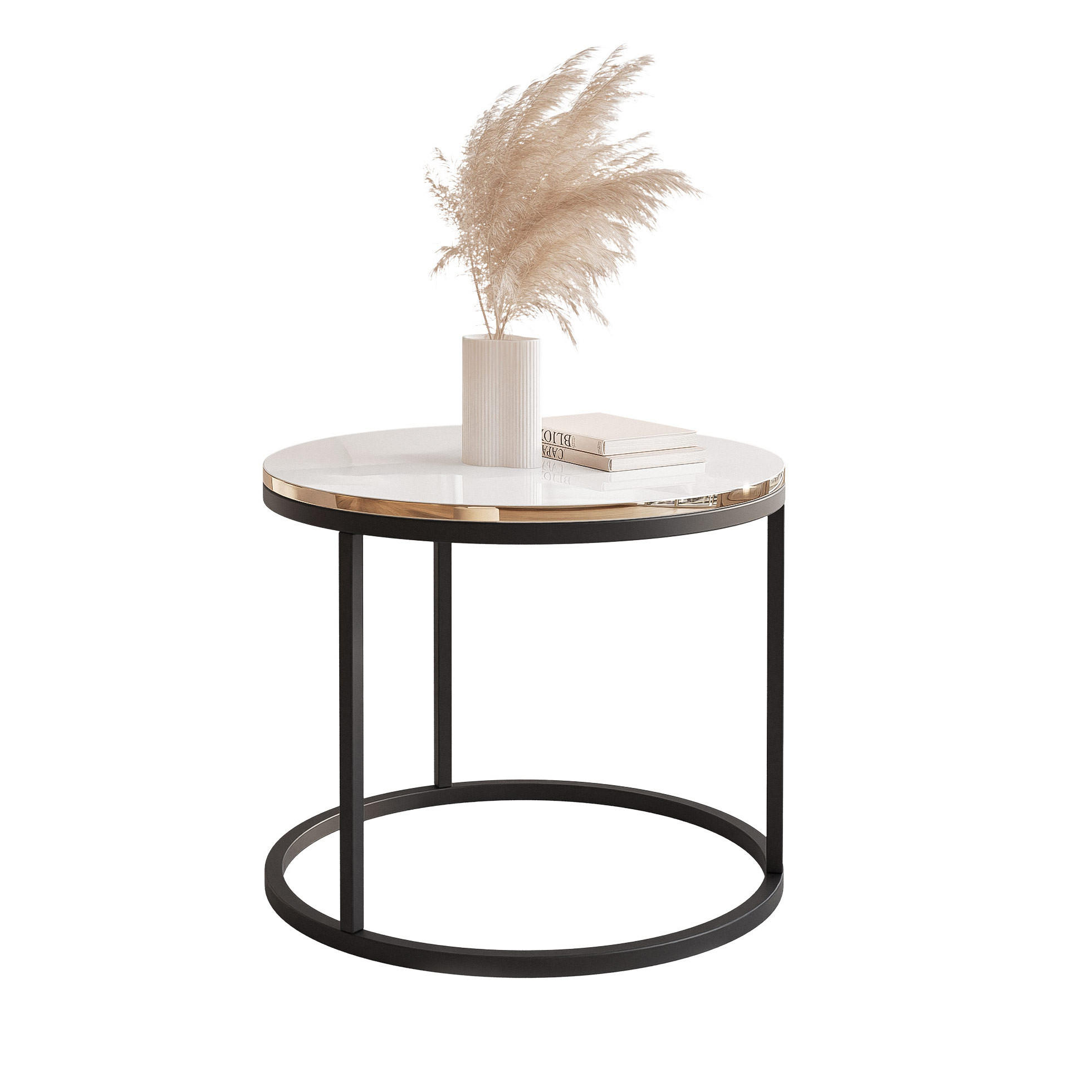 COUCHTISCH 50 cm rund Weiß Hochglanz + Gold, Schwarz Gestell - Weiß Hochglanz/Goldfarben, Holzwerkstoff (50/50/42cm) - Idohome